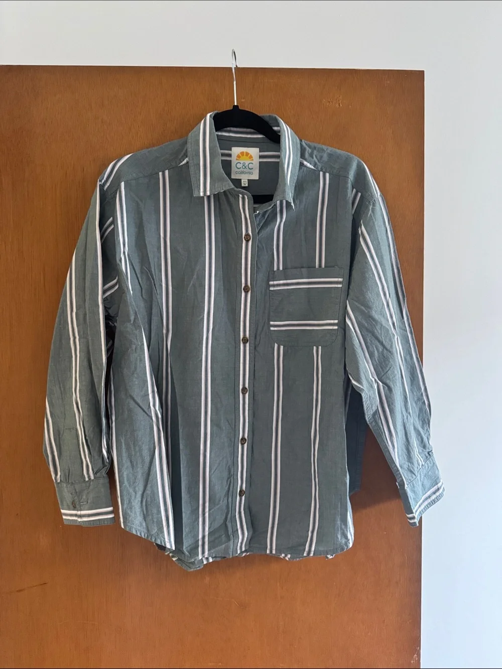 C&C California Green and White Vertical Stripe Button-Down Shirt